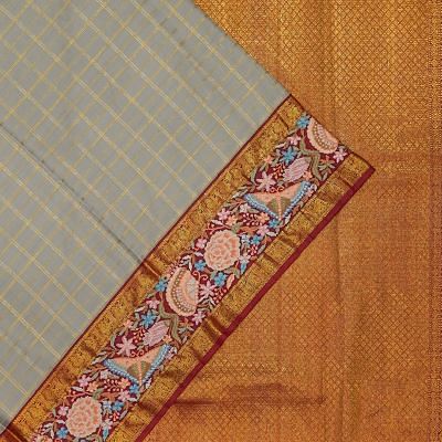 Kanchipuram Silk Checks Grey Saree With Parsi Gara Border