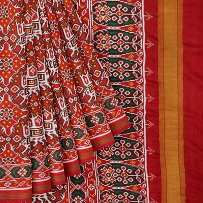 Patan Patola Silk Double Ikat Chhabdi Kunj Orange Saree