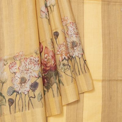 Tussar Vertical Lines Floral Printed Yellow Saree