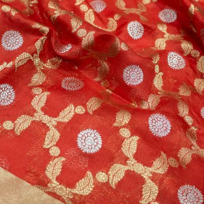 Pure Chanderi Silk Jaal And Butta Red Saree