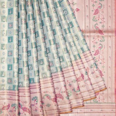 Kanchipuram Silk Tissue Checks And Butta Sea Green Saree