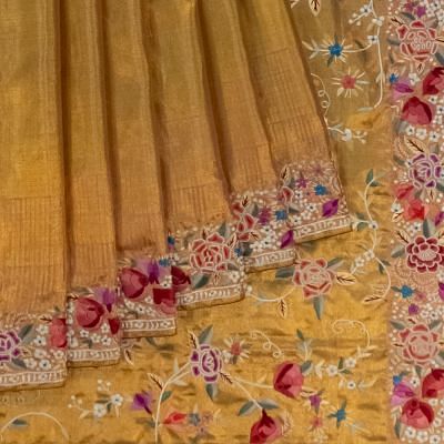 Parsi Gara x Kanchipuram Silk Tissue Plain Gold Saree