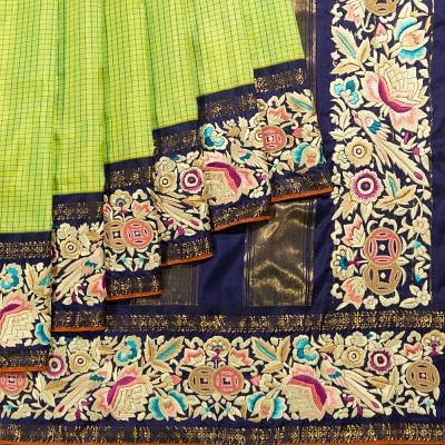 Parsi Gara X Kanchipuram Silk Checks Green Saree