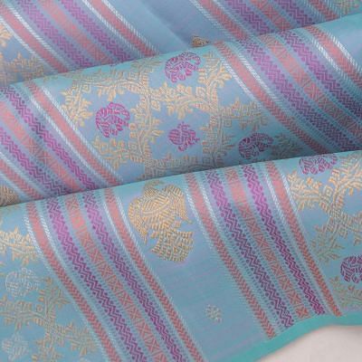 Kanchipuram Silk Vertical Brocade Dual Tone Green And Blue Saree