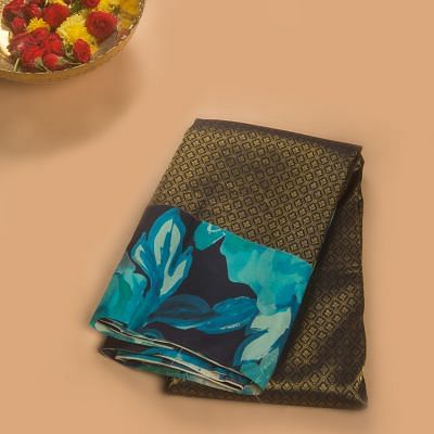 Taranga Kanchi Silk Brocade Dark Blue Saree With Floral Prints