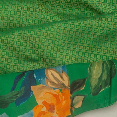 Kanchipuram Silk Brocade Green Saree With Floral Prints