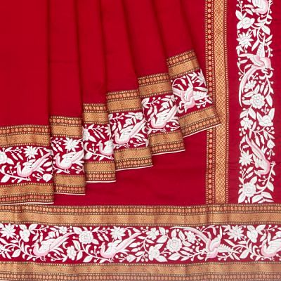 Parsi Gara Banarasi Silk Plain Pinkish Red Saree