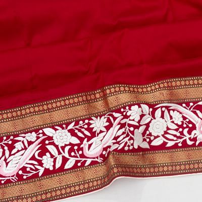 Parsi Gara Banarasi Silk Plain Pinkish Red Saree