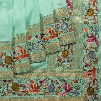 Parsi Gara X Banarasi Silk Plain Sea Green Saree