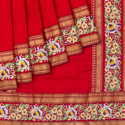 Parsi Gara Banarasi Silk Plain Pinkish Red Saree