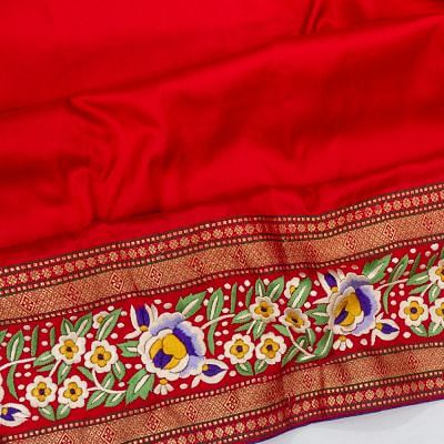 Parsi Gara Banarasi Silk Plain Pinkish Red Saree