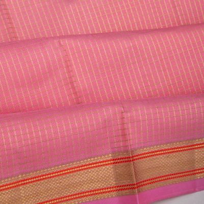 Kanchipuram Silk Half And Half Checks And Horizontal Lines Pastel Green And Pink Saree