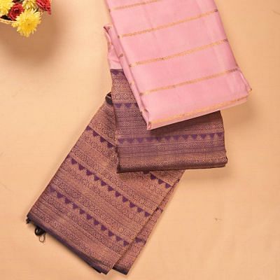 Kanchipuram Silk Half And Half Horizontal Lines And Brocade Purple And Pastel Pink Saree