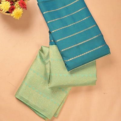 Kanchipuram Silk Half And Half Horizontal Lines And Brocade Pastel Green And Blue Saree