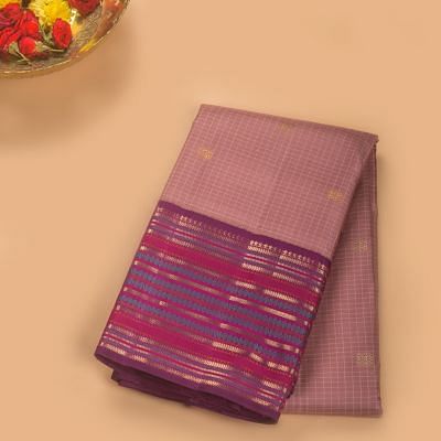 Kanchipuram Silk Checks And Butta Lilac Saree