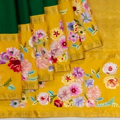 Parsi Gara x Kanchipuram Silk Plain Bottle Green Saree