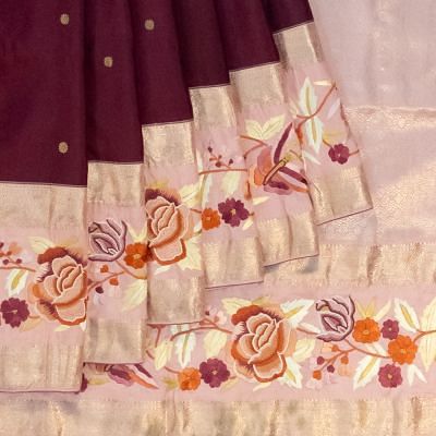 Parsi Gara x Kanchipuram Silk Butta Maroon Saree