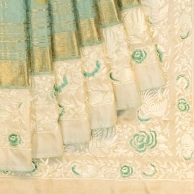 Parsi Gara x Kanchipuram Silk Checks And Butta Sea Blue Saree