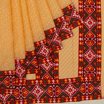 Banarasi Cotton Leheriya Pastel Orange Saree With Attached Patan Patola Border And Pallu