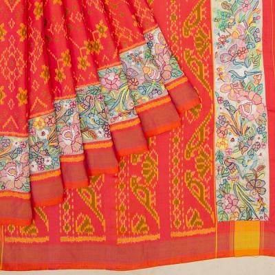 Pochampally Silk Ikat Red Saree With Attached Multicolor Chikankari Border