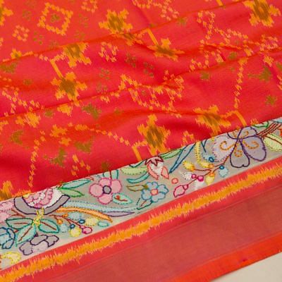 Pochampally Silk Ikat Red Saree With Attached Multicolor Chikankari Border