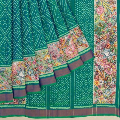 Pochampally Silk Ikat Dual Tone Green And Blue Saree With Attached Multicolor Chikankari Border