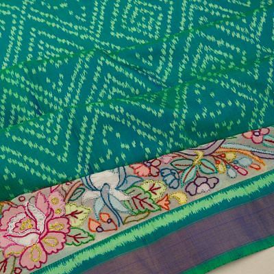 Pochampally Silk Ikat Dual Tone Green And Blue Saree With Attached Multicolor Chikankari Border