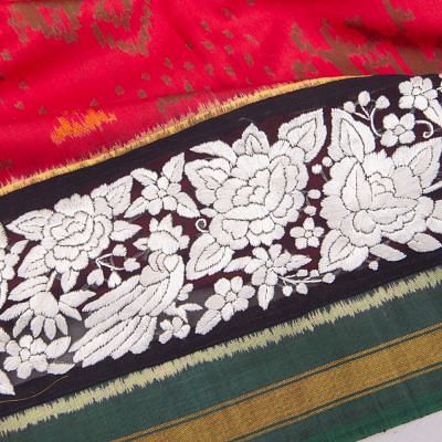 Pochampally Silk Ikat Red Saree With Attached Parsi Gara Embroidery Border