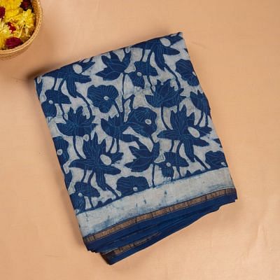 Chanderi Cotton Block Printed Jaal Indigo Saree