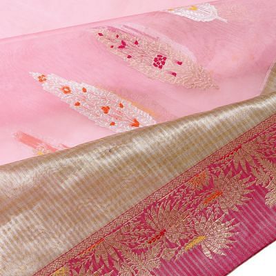 Banarasi Kora Organza Plain Baby Pink Saree