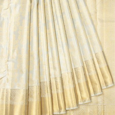 Pure Zari Kanchipuram Silk Tissue Brocade Silver Saree