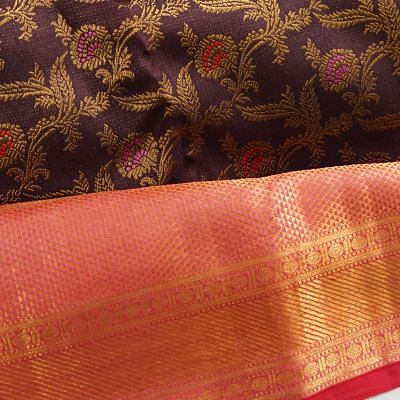 Kanchipuram Silk Jaal Dark Brown Saree