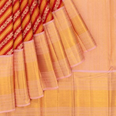 Kanchipuram Silk Diagonal Lines With Floral Jaal Red Saree
