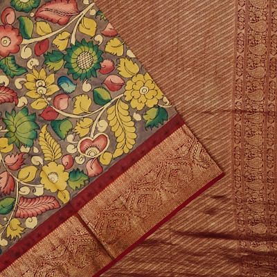 Kanchipuram Silk Hand Painted Kalamkari Grey Saree