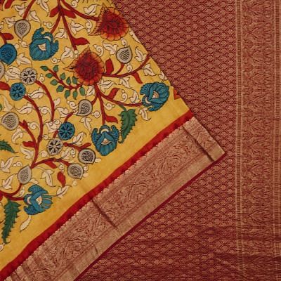 Kanchipuram Silk Hand Painted Kalamkari Yellow Saree