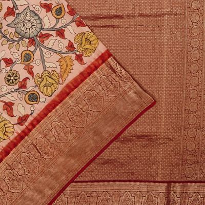 Kanchipuram Silk Hand Painted Kalamkari Baby Pink Saree