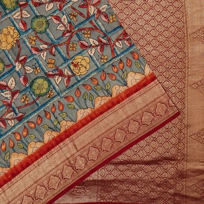 Kanchipuram Silk Hand Painted Kalamkari Baby Grey Saree