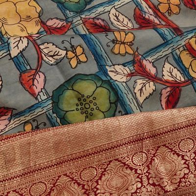 Kanchipuram Silk Hand Painted Kalamkari Baby Grey Saree