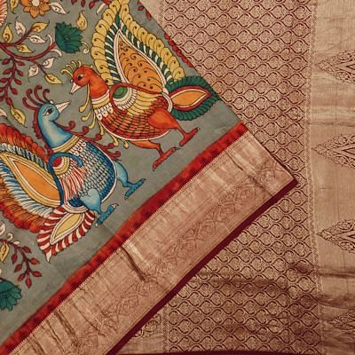 Kanchipuram Silk Hand Painted Kalamkari Grey Saree