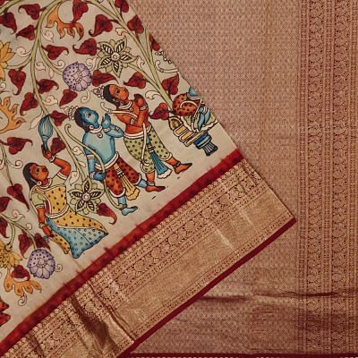 Kanchipuram Silk Hand Painted Kalamkari Beige Saree