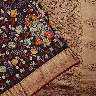 Kanchipuram Silk Hand Painted Kalamkari Black Saree