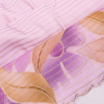 Banarasi Silk Horizontal Lines Baby Pink Saree With Scallop Border And Embroidery Outlined