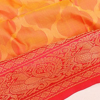 Uppada Silk Jamdani Dual Tone Mustard Yellow And Pink Saree With Kanchi Border