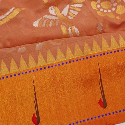 Ponduru Handspun Cotton All Over Jamdani Pastel Brown Saree With Paithani Border And Pallu