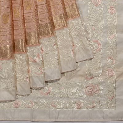 Parsi Gara x Kanchipuram Silk Checks And Butta Peach Saree