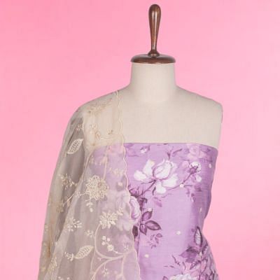 Soft Tussar Floral Printed And Butta Lavender Salwar Suit Set