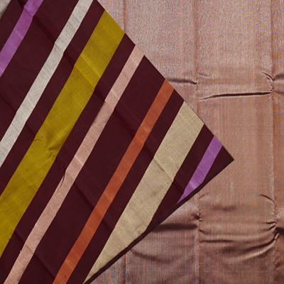 Kanchipuram Silk Diagonal Lines Brown Saree