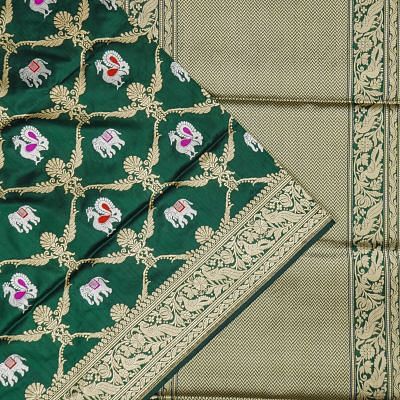 Banarasi Silk Kadwa Jaal And Butta Bottle Green Saree