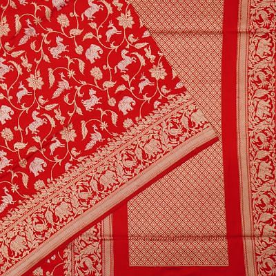 Banarasi Silk Shikargah Jaal Red Saree