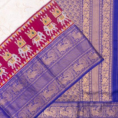 Kanchipuram Silk Ikat With Floral Embroidery White Saree